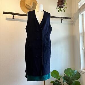 Preview Navy Blue Merino Wool Long Double Button Sleeveless Vest Duster Size XL